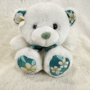 Vintage Nani Stufs White Bear Hawaiian Plumeria Blue Pattern Feet Ears 7” Plush